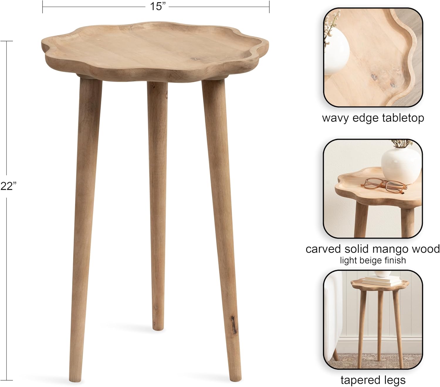 Kate and Laurel Alezar Modern Wooden Round Side Table, 15 x 15 x 22, Light Natural, Transitional Solid Wood End Table with Wavy Edge for Teen Bedroom Nightstand or Dorm Room Decor