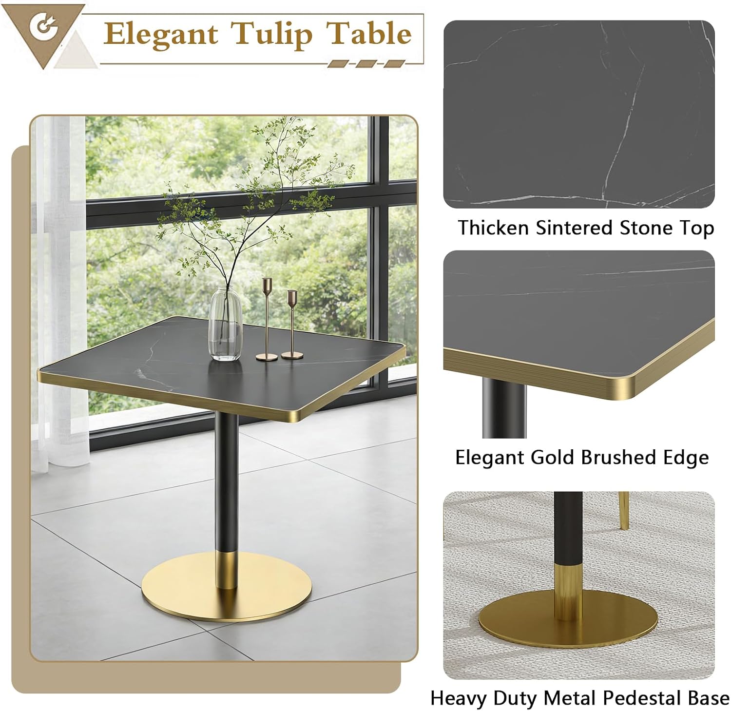 SSLine Square Dining Table for 2 Modern Luxury Marble Sintered Stone Kitchen Table for 2-4, Small 31.5" Bistro Tulip Table with Faux Marble Top and Gold Metal Pedestal Base