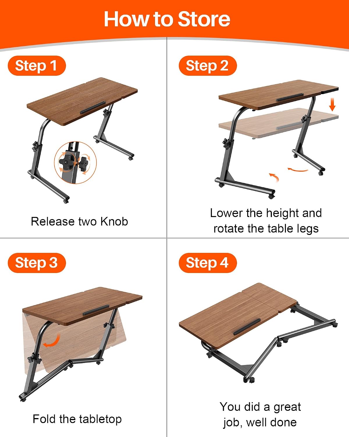 TV Tray Table with Wheels, Height Adjustable Folding Laptop Desk for Sofa | TV Dinner Trays for Eating on Couch, Mobile Sofa Side Table with Tilt Top, Portable Snack Desk for Couch, Bed and Recliner