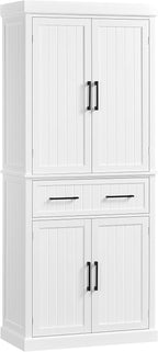 Topeakmart 72.5" H Freestanding 4-Door Kitchen Storage Cabinet,Black | Microwave Oven Stand Pantry Cabinet with S Hooks and Hutch,Freestanding Kitchen Shelves Spice Rack