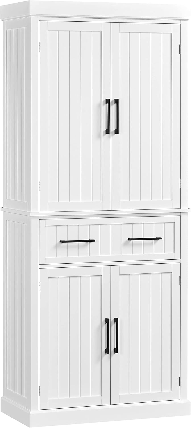 Topeakmart 72.5" H Freestanding 4-Door Kitchen Storage Cabinet,Black | Microwave Oven Stand Pantry Cabinet with S Hooks and Hutch,Freestanding Kitchen Shelves Spice Rack