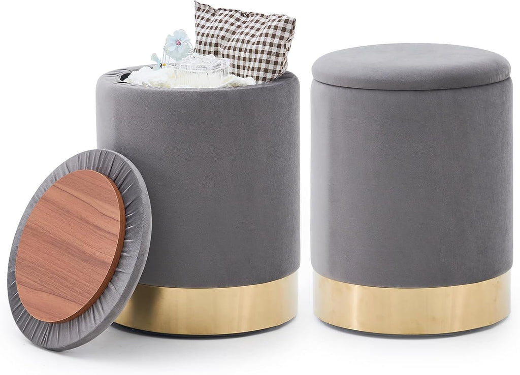 Round Ottoman Set of 2,Upholstered Footrest Stool Support 300lbs,Modern Padded Seat Foot Stool Coffee Table,Vanity Stool with Storage and Metal Legs for Living Room (Grey Velvet)
