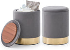 Round Ottoman Set of 2,Upholstered Footrest Stool Support 300lbs,Modern Padded Seat Foot Stool Coffee Table,Vanity Stool with Storage and Metal Legs for Living Room (Grey Velvet)