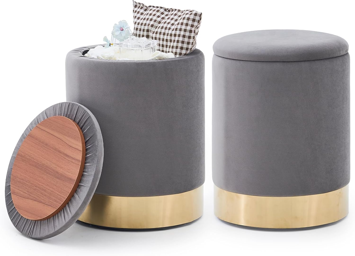Round Ottoman Set of 2,Upholstered Footrest Stool Support 300lbs,Modern Padded Seat Foot Stool Coffee Table,Vanity Stool with Storage and Metal Legs for Living Room (Grey Velvet)