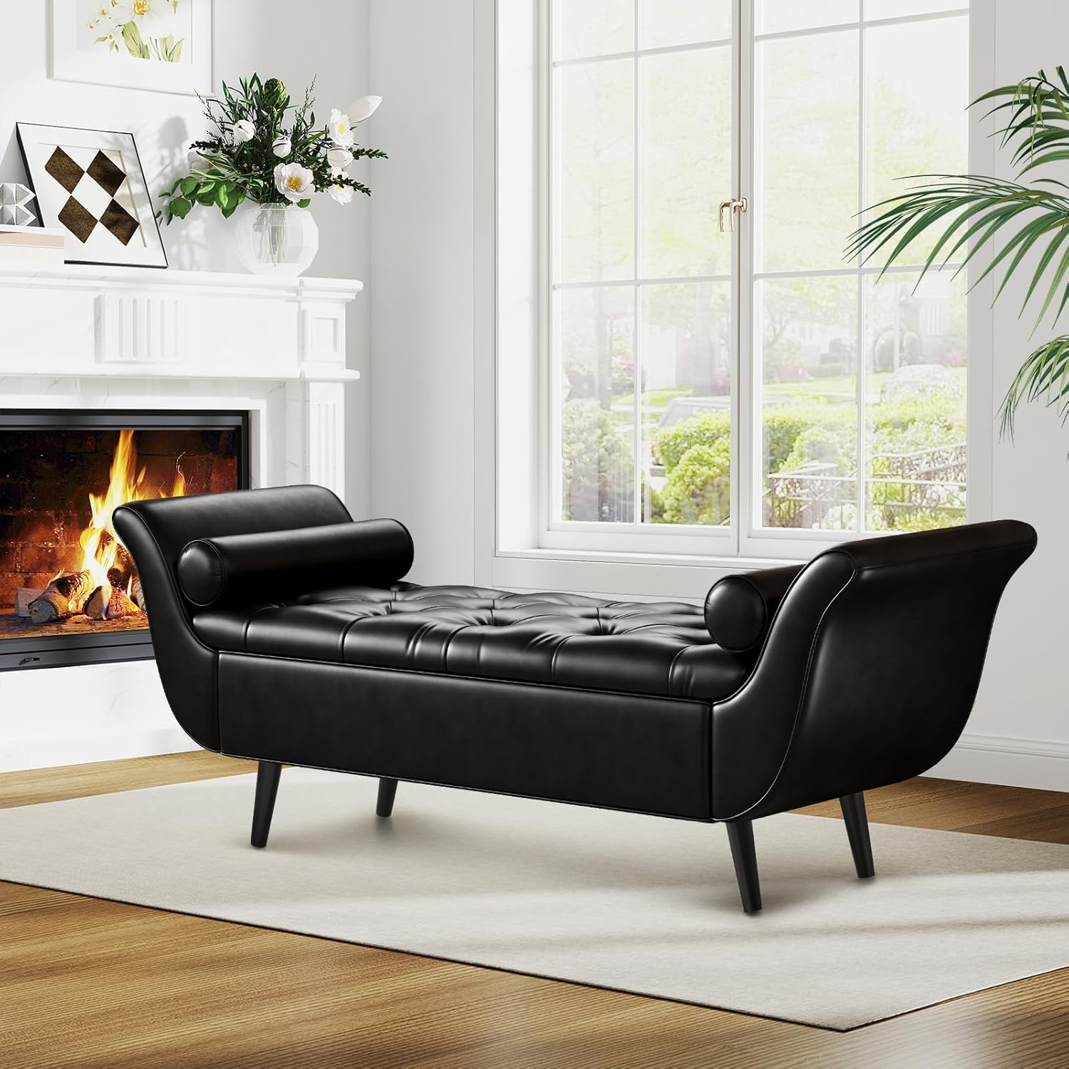 Storage Bench for Bedroom, 65" End of Bed Bench King Size, Faux Leather Tufted Upholstered Window Bench Indoor Foot of Bed Storage Ottoman Long Seating with Arm for Living Room Entryway, Black