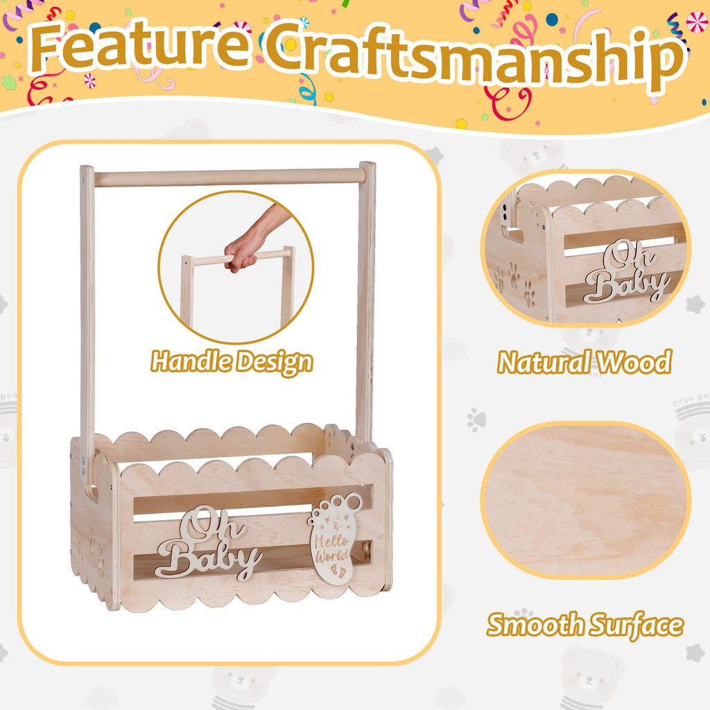 efluky Wooden Baby Shower Crate Closet with Handle,Storage Basket,Baby Clothes Hangers, Newborn Boy Girl Welcome Gift Basket | baby shower gift Safe Smooth Wooden Build Customizable DIY Decor Space