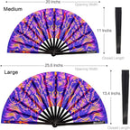 UV Glow Rave Fan, Bamboo Folding Clack Hand Fans Foldable for Men Women, Boots on the Ground Poping Fan for EDM Festival Line Dance Decoration, (Wellen, Medium 11")