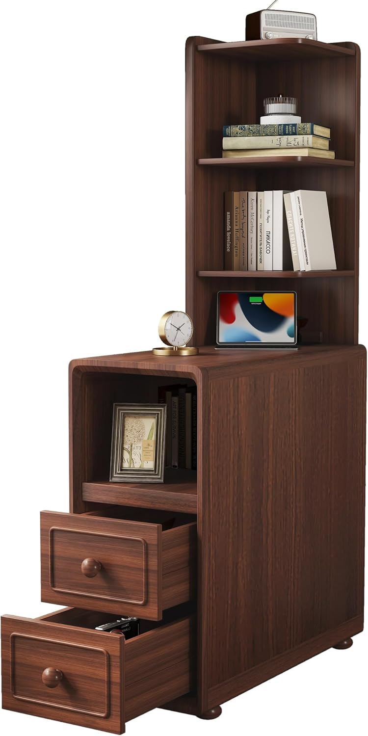 GDFStudio End Table with 2 Drawers & 3 Open Shelves, Corner Side Table with Reversible Top Shelves & Charging Station, 2 USB Ports & AC Outlets, Ideal for Bedroom & Living Room, Walnut Finish