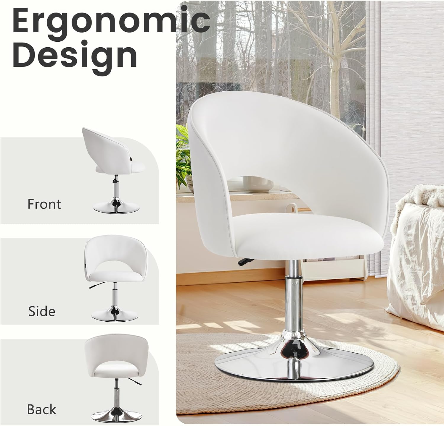 Furniliving Makeup Vanity Chair, Flexible Round-Back Accent Chair with Plated Frame, Height Adjustable Swivel Chairs for Bedroom Charming Chair, Living Room, Office, PU, White