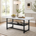 Dining Table for 6, 71" Rectangle Kitchen Table with Storage Shelf, Dinner Table Full White Faux Marble Top & Black Metal Frame for Dining Room Home Office – White