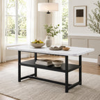 Dining Table for 6, 71" Rectangle Kitchen Table with Storage Shelf, Dinner Table Full White Faux Marble Top & Black Metal Frame for Dining Room Home Office – White