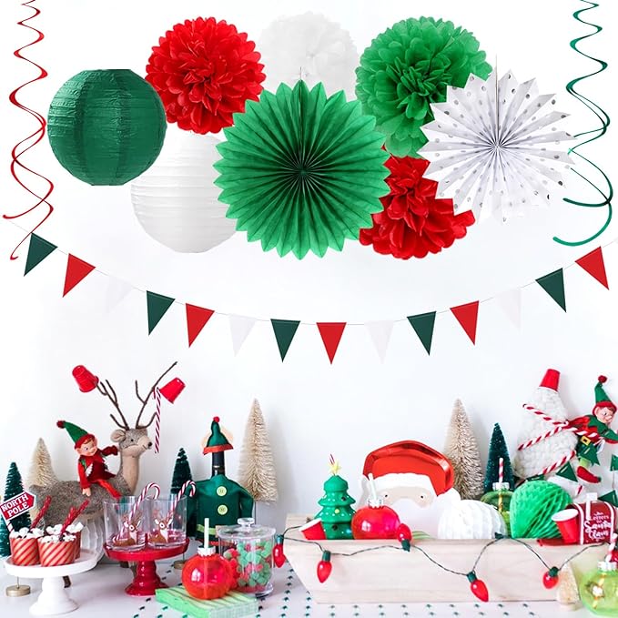 Red Green-White Christmas Party Decorations - 20pcs Mexican Italian Paper Lanterns Fans,Tissue Pom Poms,Honeycomb Balls,Bunting,Birthday Mexico Italy Baby Shower Wedding Decor Burgleda