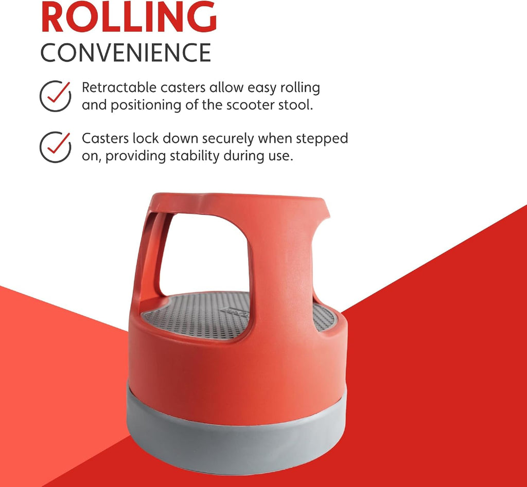 Cramer Scooter Stool, Round, 2-Step, 15", Step and Lock Wheels, 300 lb Capacity, Red