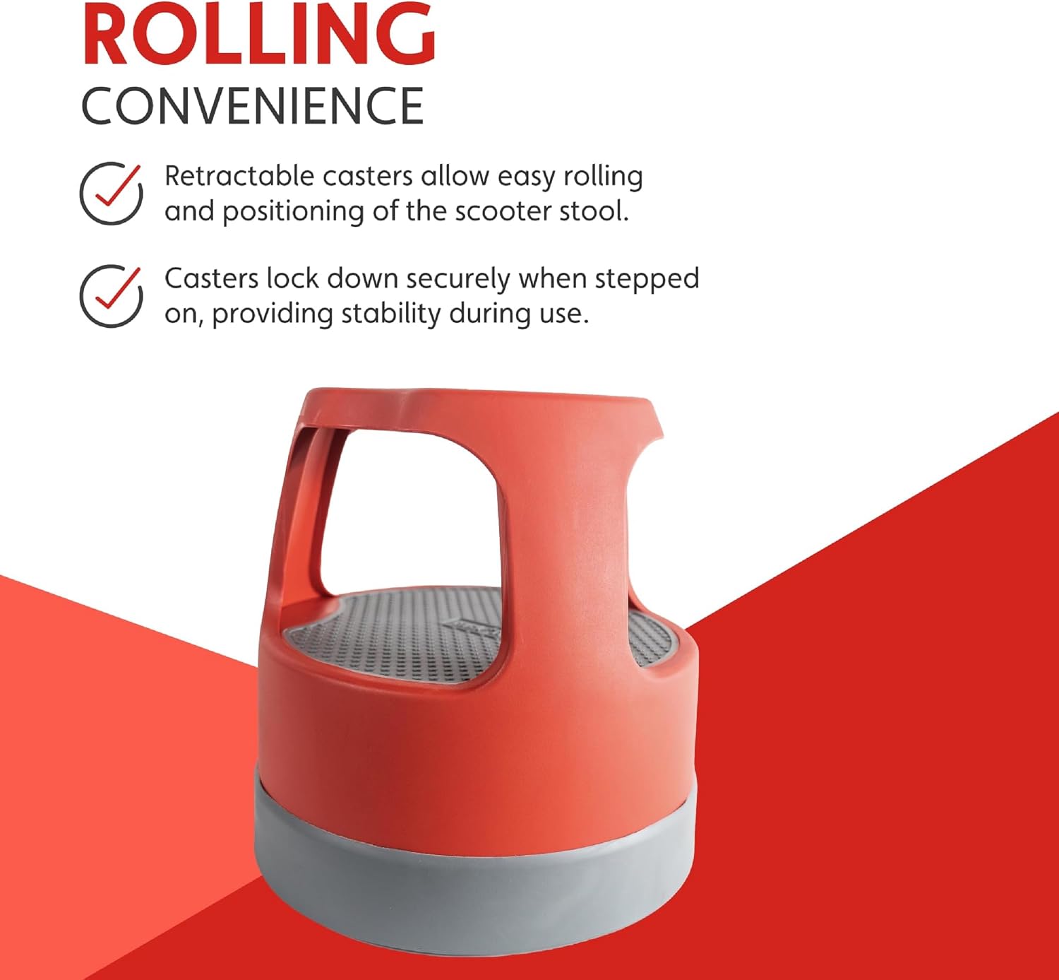 Cramer Scooter Stool, Round, 2-Step, 15", Step and Lock Wheels, 300 lb Capacity, Red
