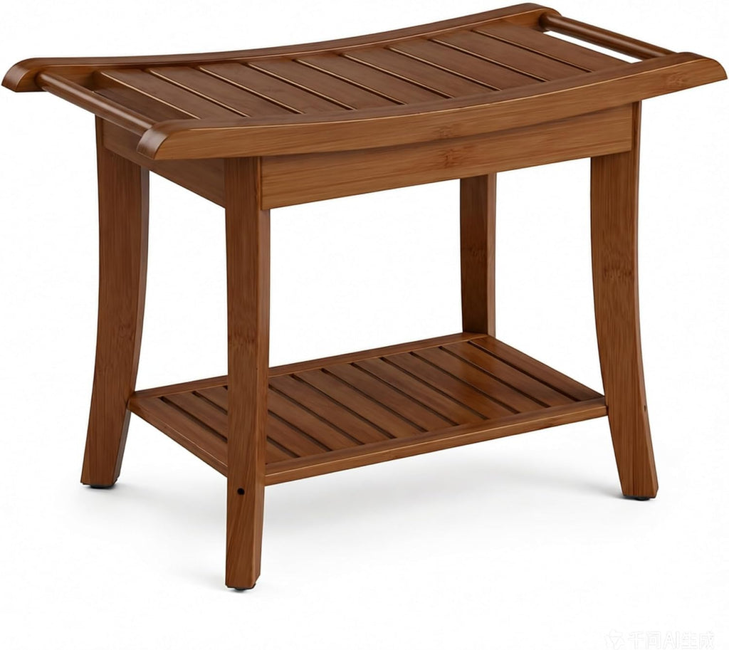 Bamboo Entryway Bench with Storage Shelf, Ergonomic Curved Seat & Side Handles, Walnut Finish Wooden Shoe Bench for Entryway, Bedroom, Bathroom & Living Room, Small Space Seating, Supports 300 LBS