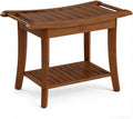 Bamboo Entryway Bench with Storage Shelf, Ergonomic Curved Seat & Side Handles, Walnut Finish Wooden Shoe Bench for Entryway, Bedroom, Bathroom & Living Room, Small Space Seating, Supports 300 LBS