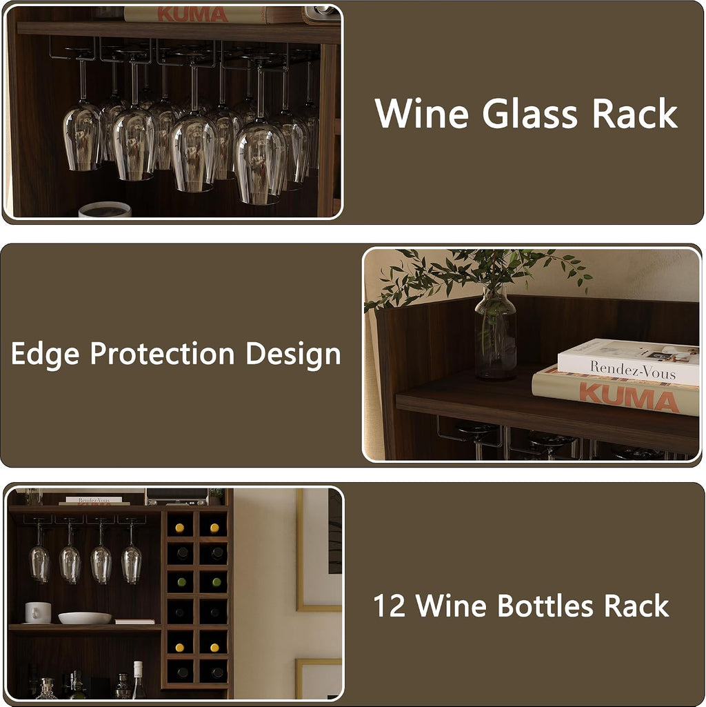 71" Kitchen Pantry Cabinet with 12 Wine Bottle Racks, Kitchen Hutch Food Pantry with Microwave Stand, Storage Cabinet with Doors and Shelves
