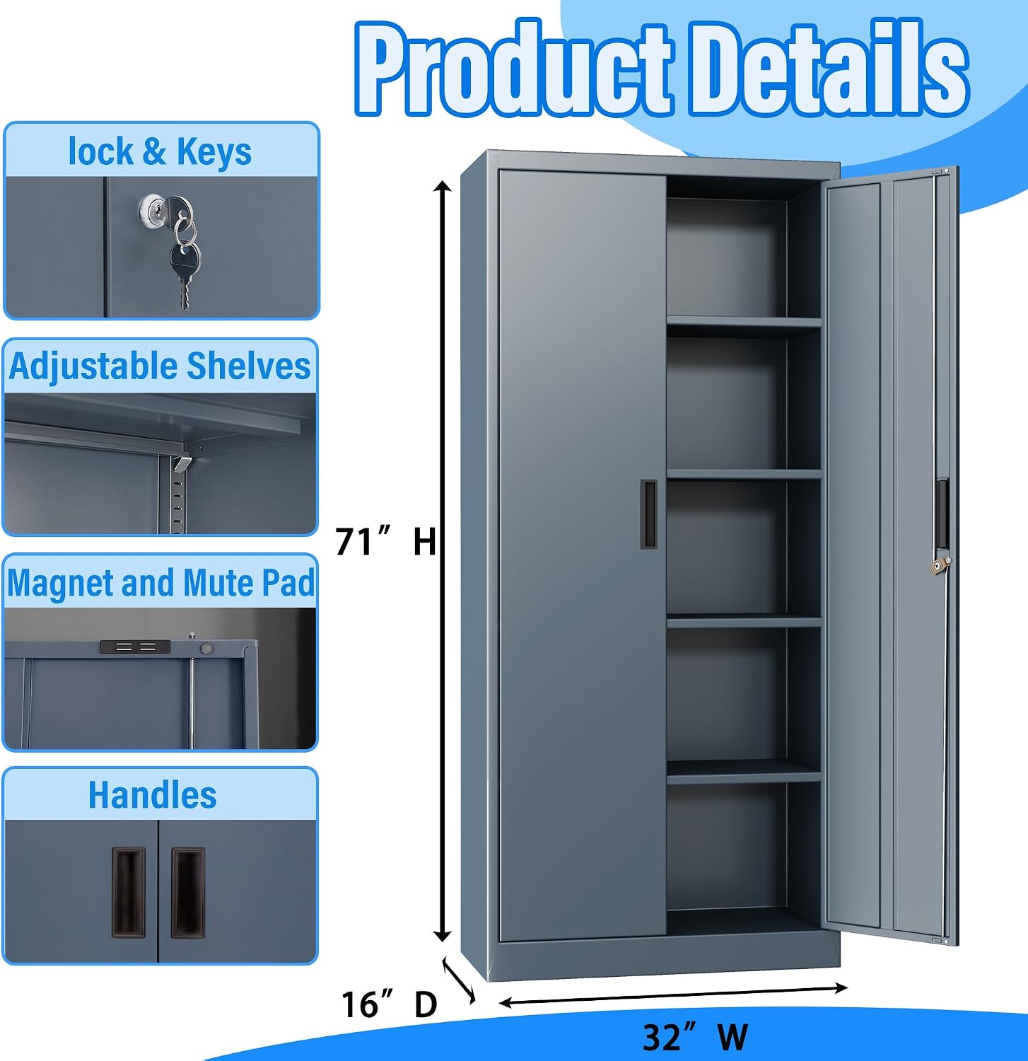 BESFUR Metal Storage Cabinet, 71" H Steel Locking Storage Cabinet with 2 Doors and 4 Shelves for Garage, Office, Classroom