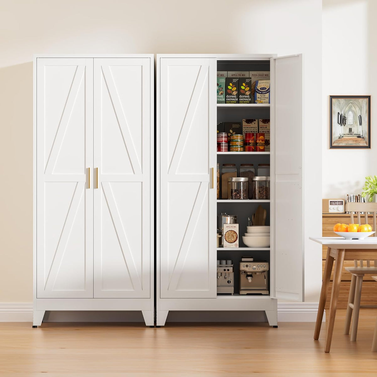 71" Tall Metal Pantry Cabinet, Kitchen Storage Cabinet with 2 Doors and 4 Adjustable Shelves for Kitchen, Living Room, Dining Room, Bathroom and Home, Office (White, 1PC)