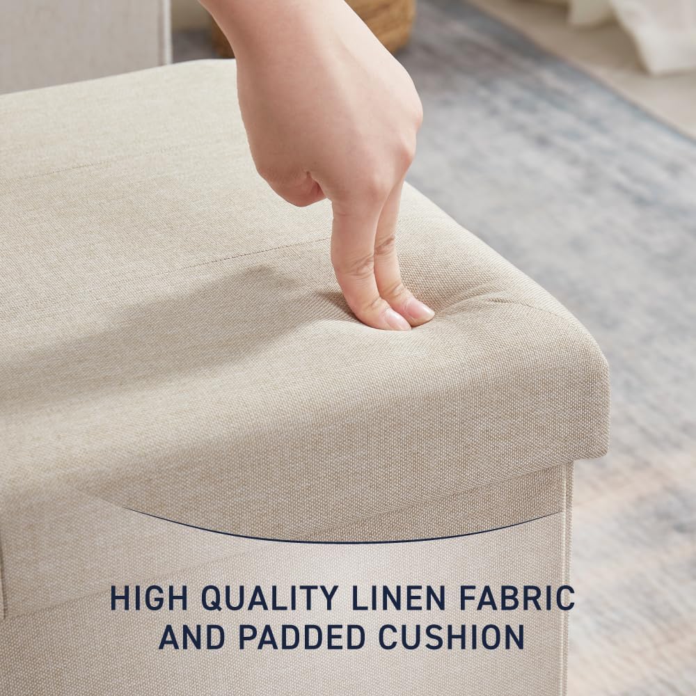 Ornavo Home 30 Inch Folding Storage Ottoman Bench, Tufted Linen, Beige | Upholstered Large Ottoman with Lid; Foot Rest Stool; Ideal for Bedroom, Living Room or Entryway
