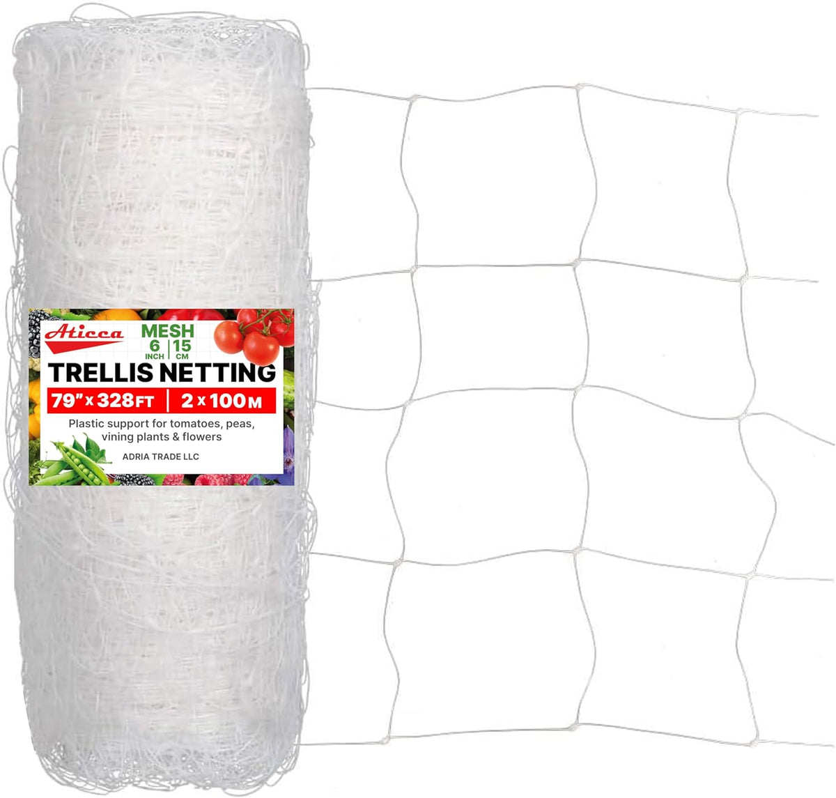 Plastic Trellis Netting 79" x 328 ft Heavy Duty Plant Support Netting White - 6 Inch Garden Trellis on Roll - Mesh for Growing Vine Climbing Plants, Flowers, Peas, and Cucumber