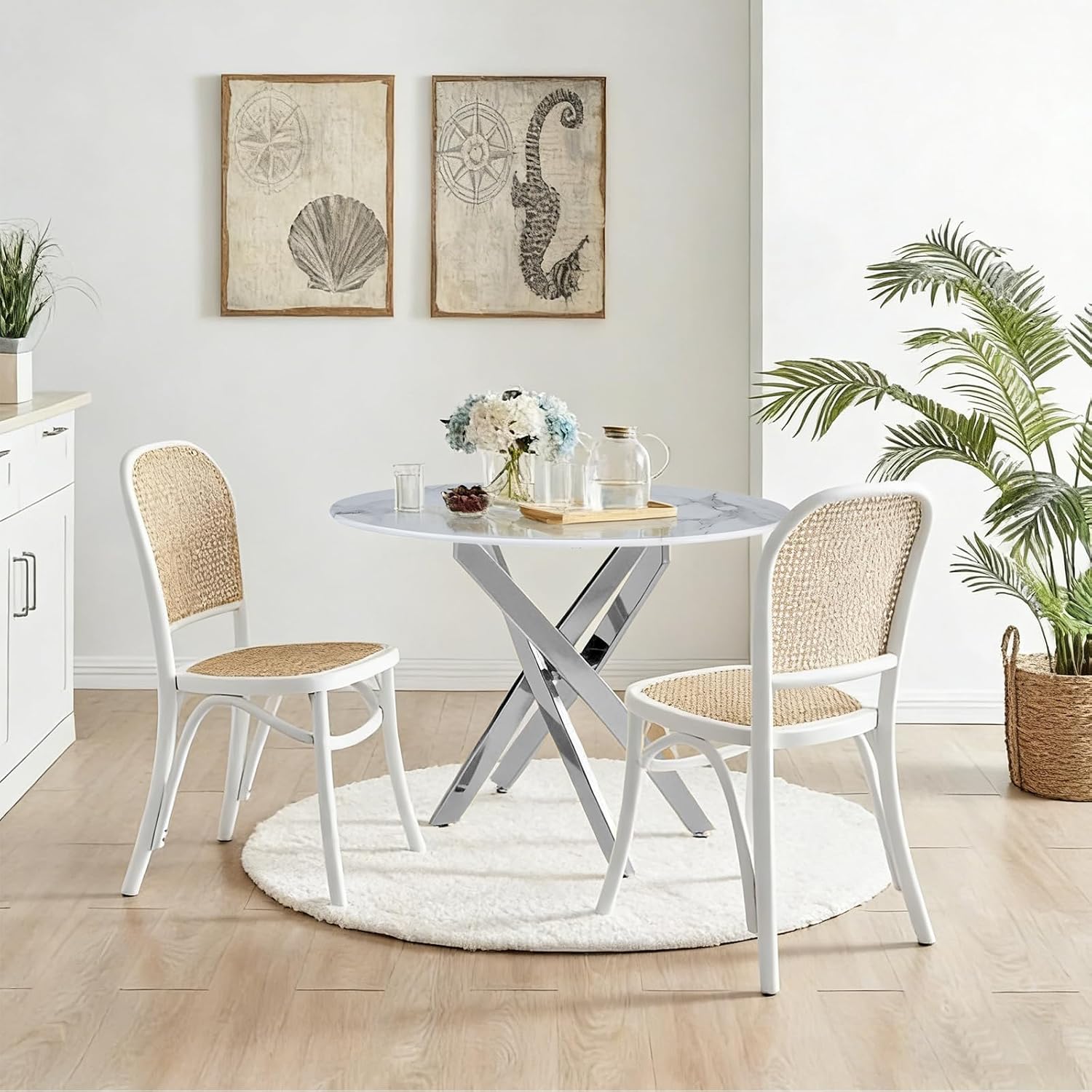 35.4 Inch Marble Dining Table for 4, Modern Round Kitchen Table with Silver Legs, Spacious Dining Room Furniture for Apartments, Studio, and Open Kitchen & Dining Areas