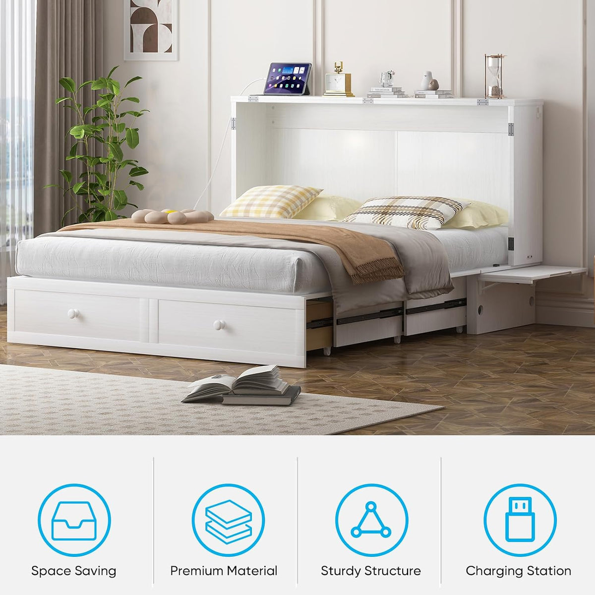 Mjkone Murphy Cabinet Bed Queen Size, White(No Mattress) | Storage Drawers, USB Charging Station,Wall Hideaway Guest Chest Cabinet Bed for Living Room Bedroom Home Office