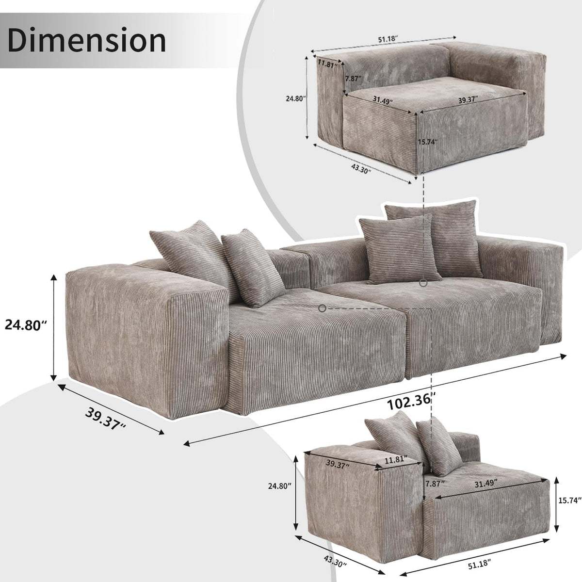 Sectional Couches for Living Room,102inch Cloud Couch Modular Sectional Sofa,Modern Corduroy Couch Love Seat,Cushion Covers Removable& Washable (Brown)