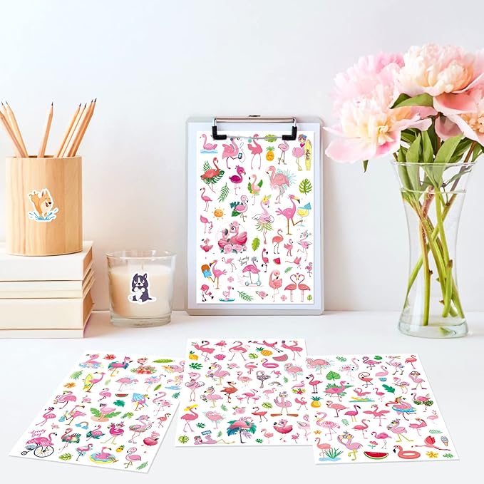Flamingo Tropical Bird Stickers 840 Count Tropical Pink Bird Animal Stickers for Jungle Safari Animal Birthday Invitations Envelopes Summer Party Goodie Gifts Bags Decor Class Rewards
