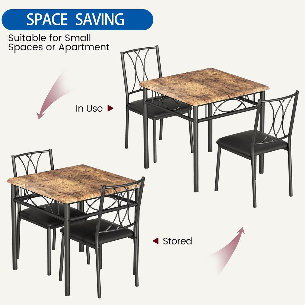 GAOMON 3-Piece Dining Table Set for 2, Square Space-Saving Kitchen Table & 2 Upholstered Chairs for 2, Compact Apartment Kitchen & Dining Room Set Furniture for Small Spaces, Rustic Brown