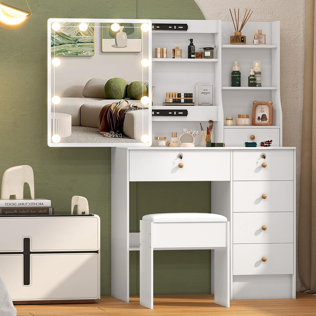 Umeiga Small Vanity Desk with Mirror and Lights, 32" Makeup Vanity Table with Sliding Mirror, Drawers and Chair, Hollywood Vanity with 3 Modes Stick-ON LED Lights, H1906