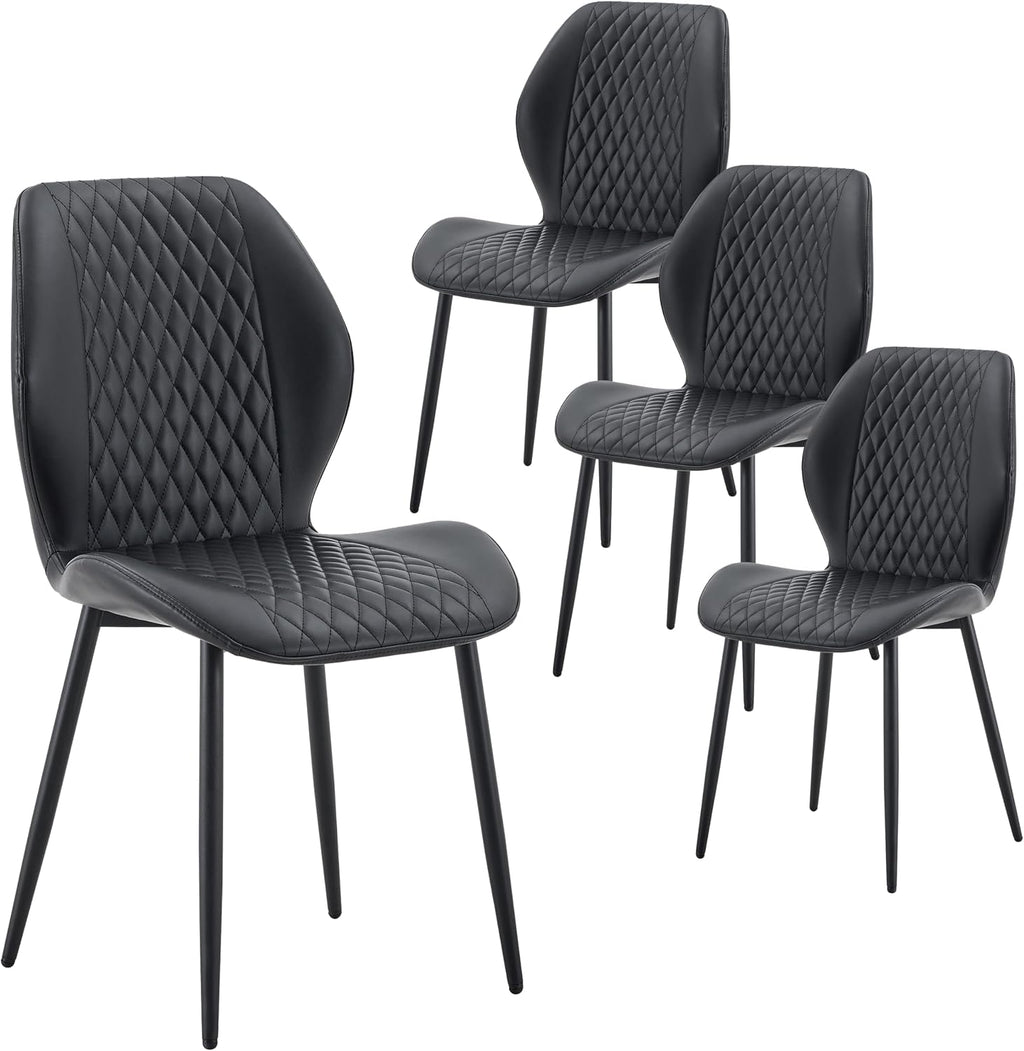 Dining Chairs Set of 4, Modern Upholstered Kitchen Chairs with Curved Back, Diamond Stitching, Padded Cushion Seat and Metal Legs, Comfy Side Accent Chairs for Dining Room, Kitchen, Black