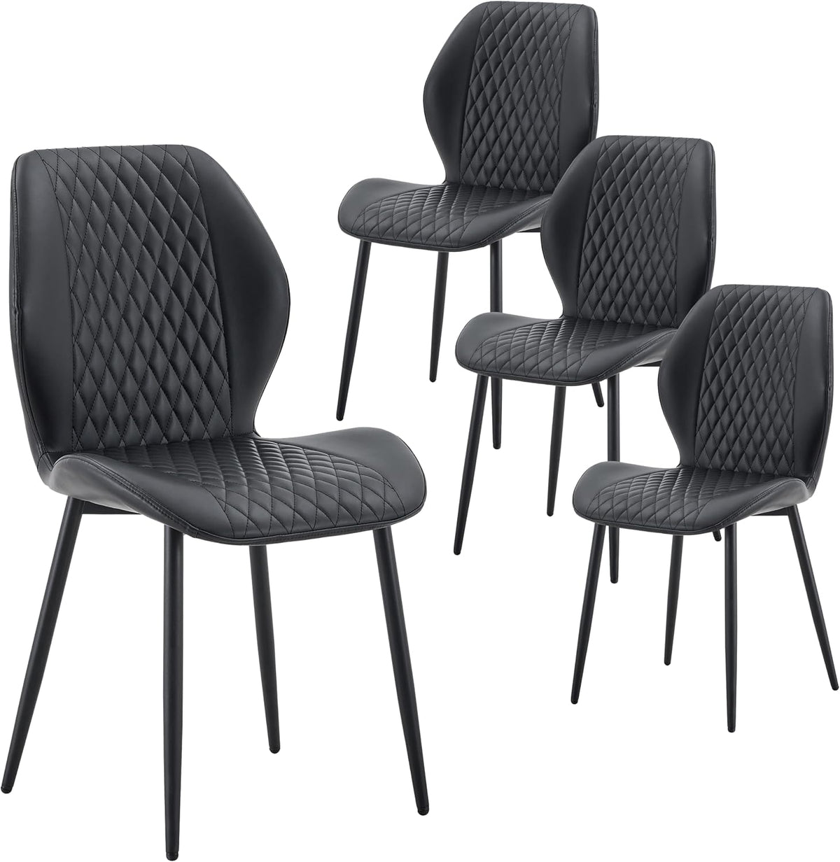 Dining Chairs Set of 4, Modern Upholstered Kitchen Chairs with Curved Back, Diamond Stitching, Padded Cushion Seat and Metal Legs, Comfy Side Accent Chairs for Dining Room, Kitchen, Black