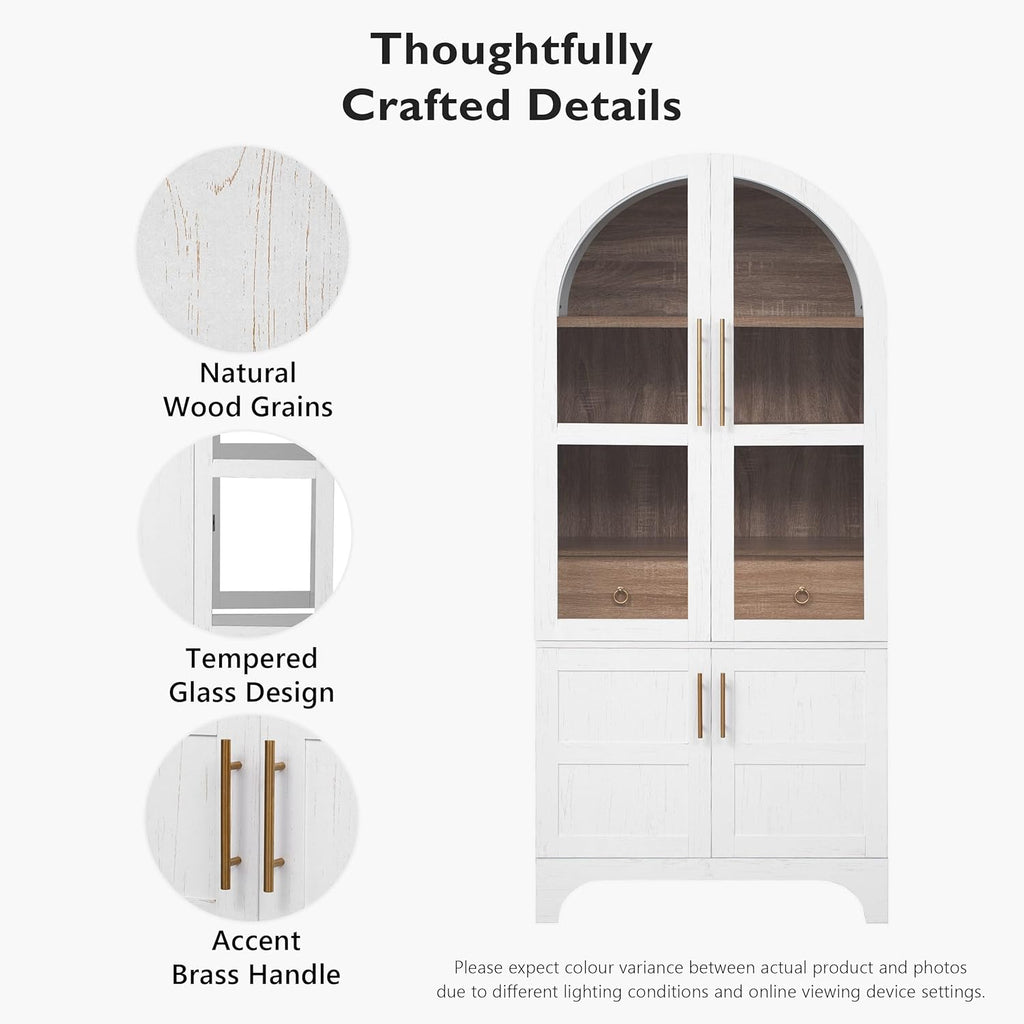 71" Tall Arched Kitchen Pantry Cabinet with Door Shelves, Farmhouse Kitchen Storage Cabinet with Adjustable Shelves, Hidden Drawer & Glass Door, Cupboard for Kitchen, Dining Room, White