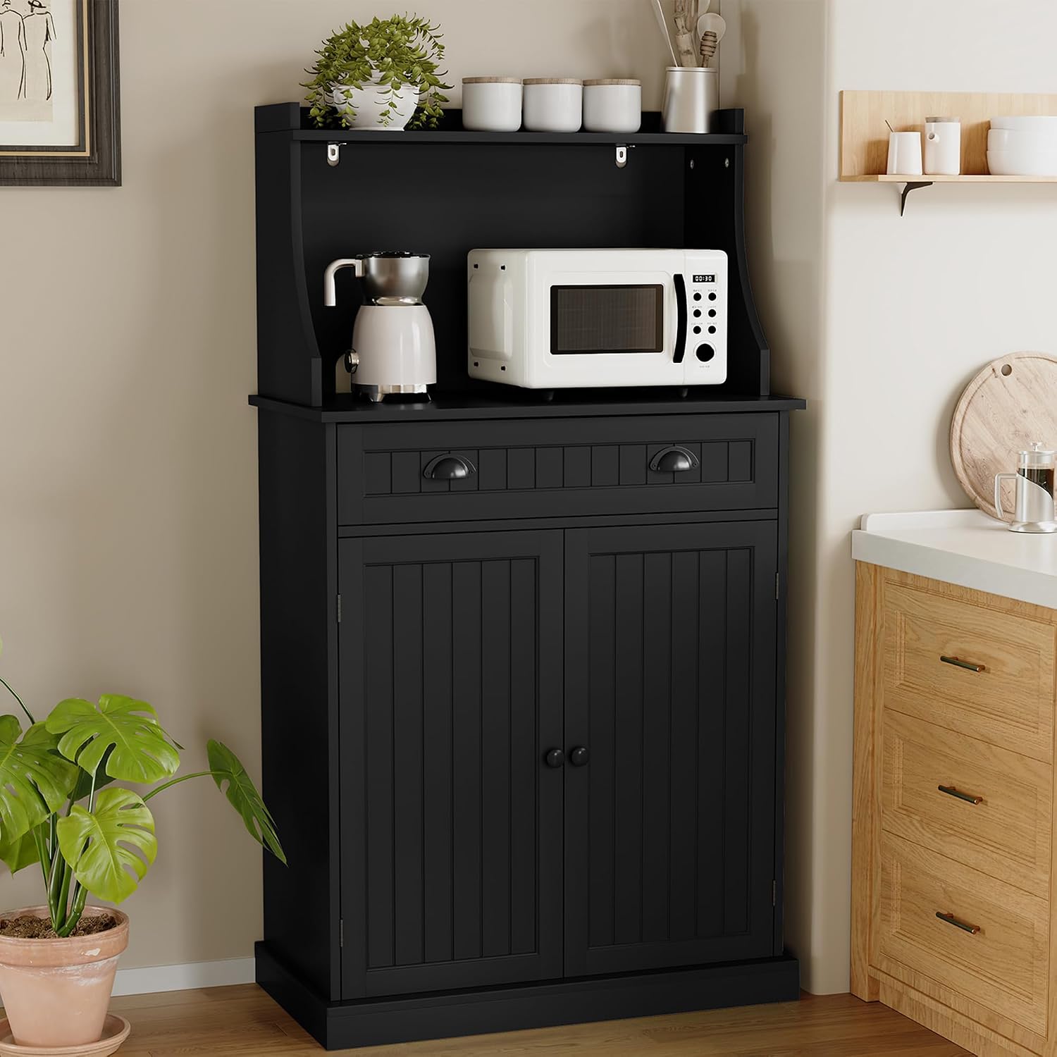ARTPOWER 54" Kitchen Microwave Cabinet/Stand with Storage and Drawers, Pantry Storage Cabinet with Hutch & Adjustable Shelves for Kitchen, Dining Room, Living Room, Hallway in Black