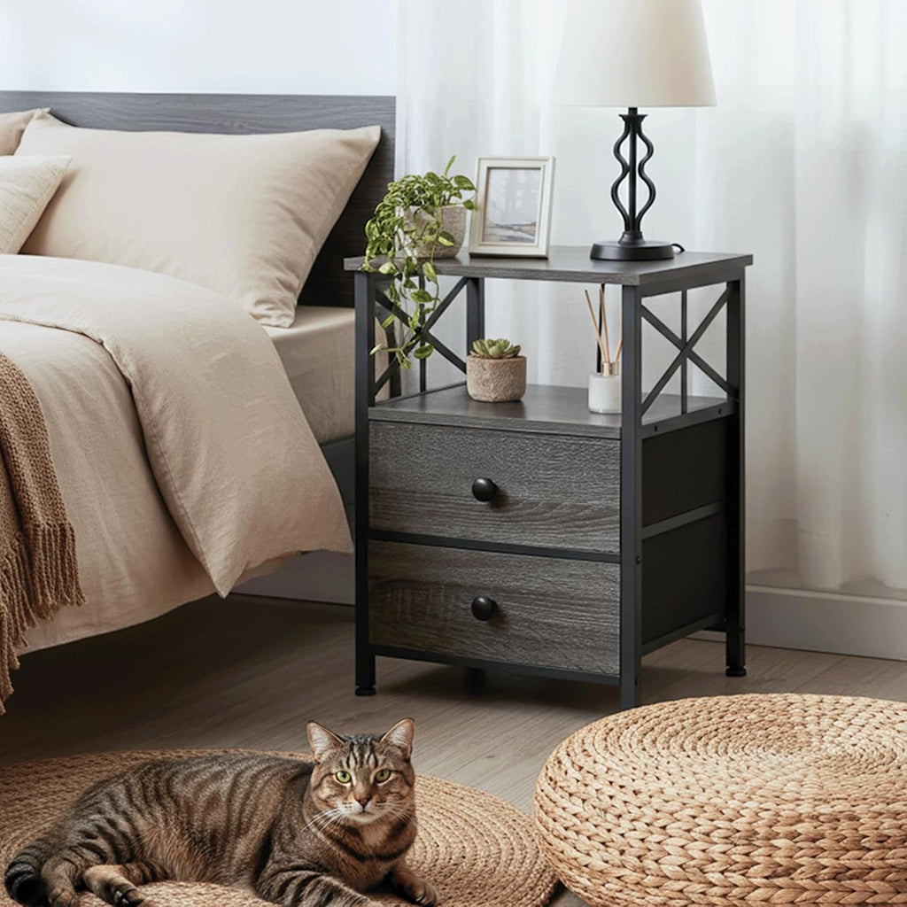 AMHANCIBLE Nightstands Set of 2, Large Night Stand with Charging Station | Bedside Table with 2 Fabric Drawers, End Side Tables Living Room, with Open Shelf, USB Ports Outlets, for Bedroom, Dark Grey