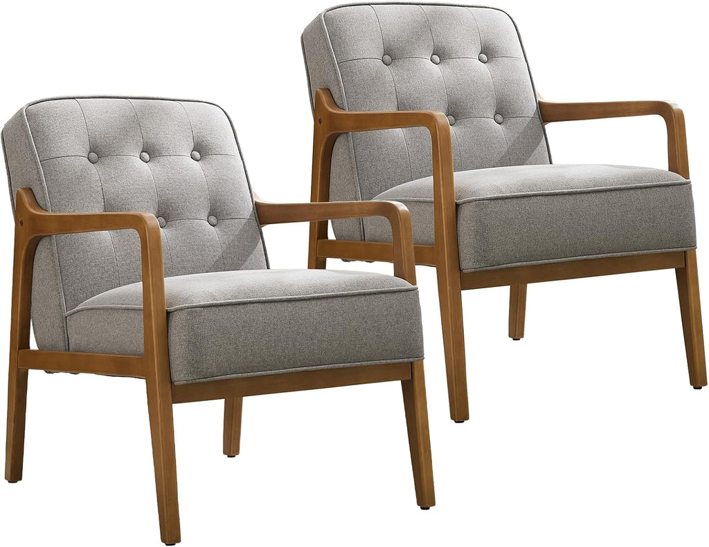 SOFTHION Linen Accent Chair Set of 2, Mid Century Modern Chair for Living Room, Upholstered Comfy Lounge Armchair with Solid Wood Frame, Reading Side Chair for Bedroom,105°Ergonomic Comfort, Grey