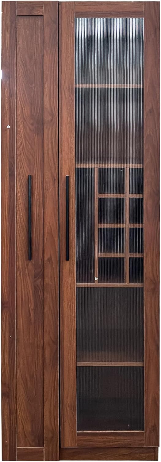Kitchen Pantry Cabinet with Pull-Out 5-Tier Storage Shelf Space Saving Storage Organizer Cabinet with Glass Door Wine Racks Cup Holder for Kitchen, Dining Room, Bar, Walnut