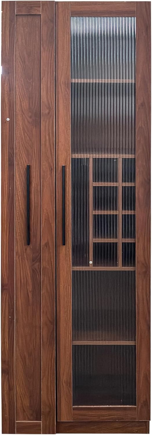 Kitchen Pantry Cabinet with 5-Tier Shelf, Pull-Out Hutch Cabinet with Glass Door & Spice Rack, Freestanding Wine Bar Cabinet with Glass Holder & 8-Bottle Wine Rack for Living Room, Dining Room, Walnut