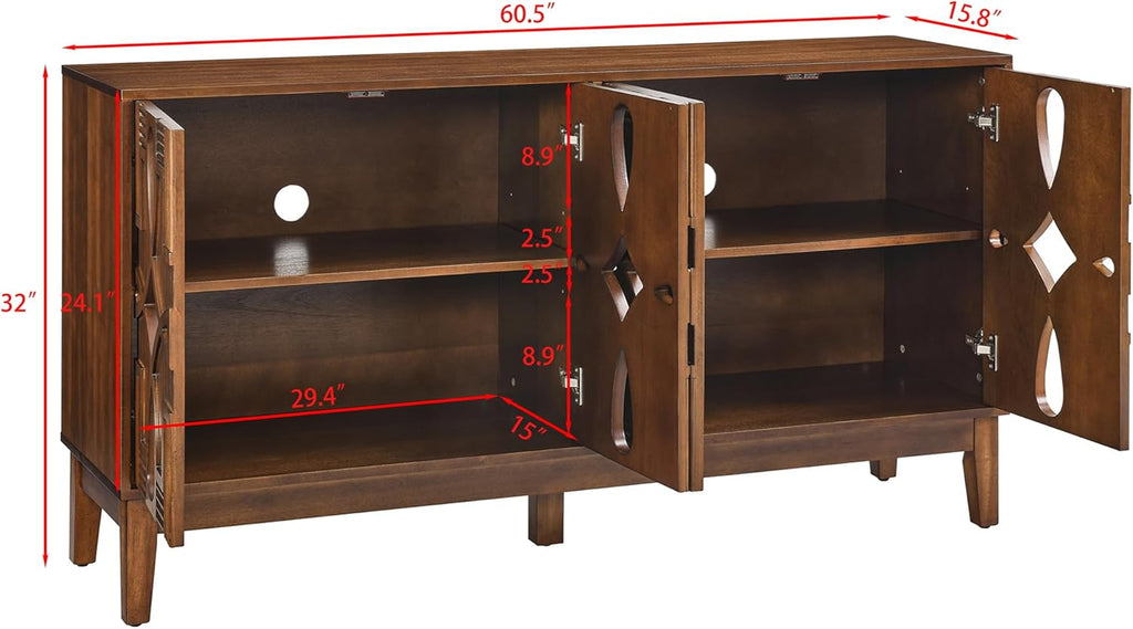 LKTART 60" Mid Century Modern Sideboard Buffet with Hollow Carved Doors and Outlet Holes,Vintage Accent Cabinet Credenzas Storage Cabinet Walnut