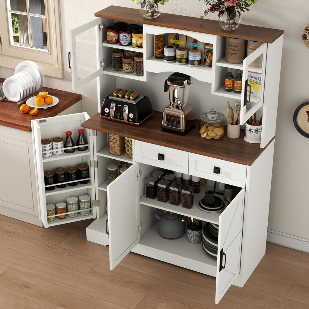Loomie 60" Tall Farmhouse Pantry Cabinet, Kitchen Hutch with 2 Drawers, Kitchen Pantry Storage Cabinet with Adjustable Shelf and Microwave Stand, Food Pantry Cabinet for Living Room, Kitchen (White)