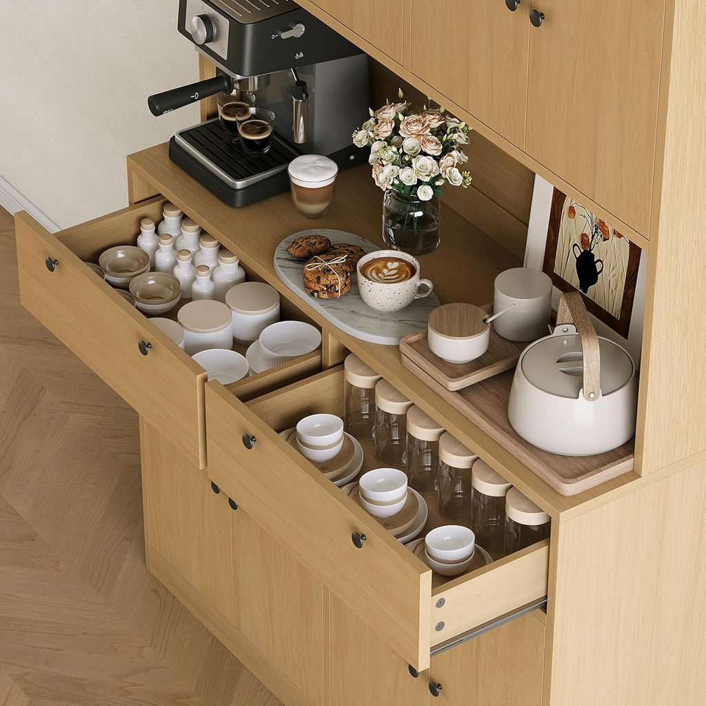 GarveeLife 71" Tall Kitchen Pantry Cabinet with Charging Station – 47" Wide Storage Hutch with Countertop, Microwave Stand, 2 Drawers, and Power Outlet for Dining Room, Living Room, Natural
