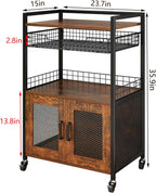 Hencawima Coffee Bar Cabinet, 3 Tier Coffee Station Table on Wheels, 35.9" H Bar Cart with Wire Basket Drawer & 5 Hooks for Home Kitchen, Liquor Buffet Sideboard Cabinet (Rustic Brown)
