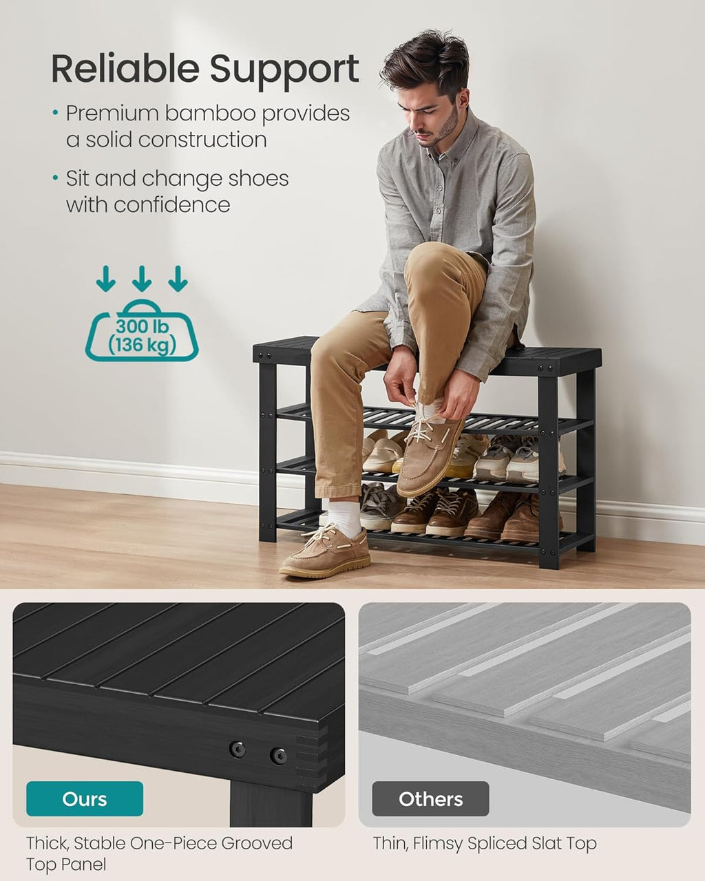SONGMICS Shoe Rack Bench, 4 Tier Bamboo Shoe Storage Organizer, Entryway Bench, for Living Room, Bathroom, Bedroom, 11.3 x 35.2 x 20.5 Inches, Ink Black ULBS390BH01