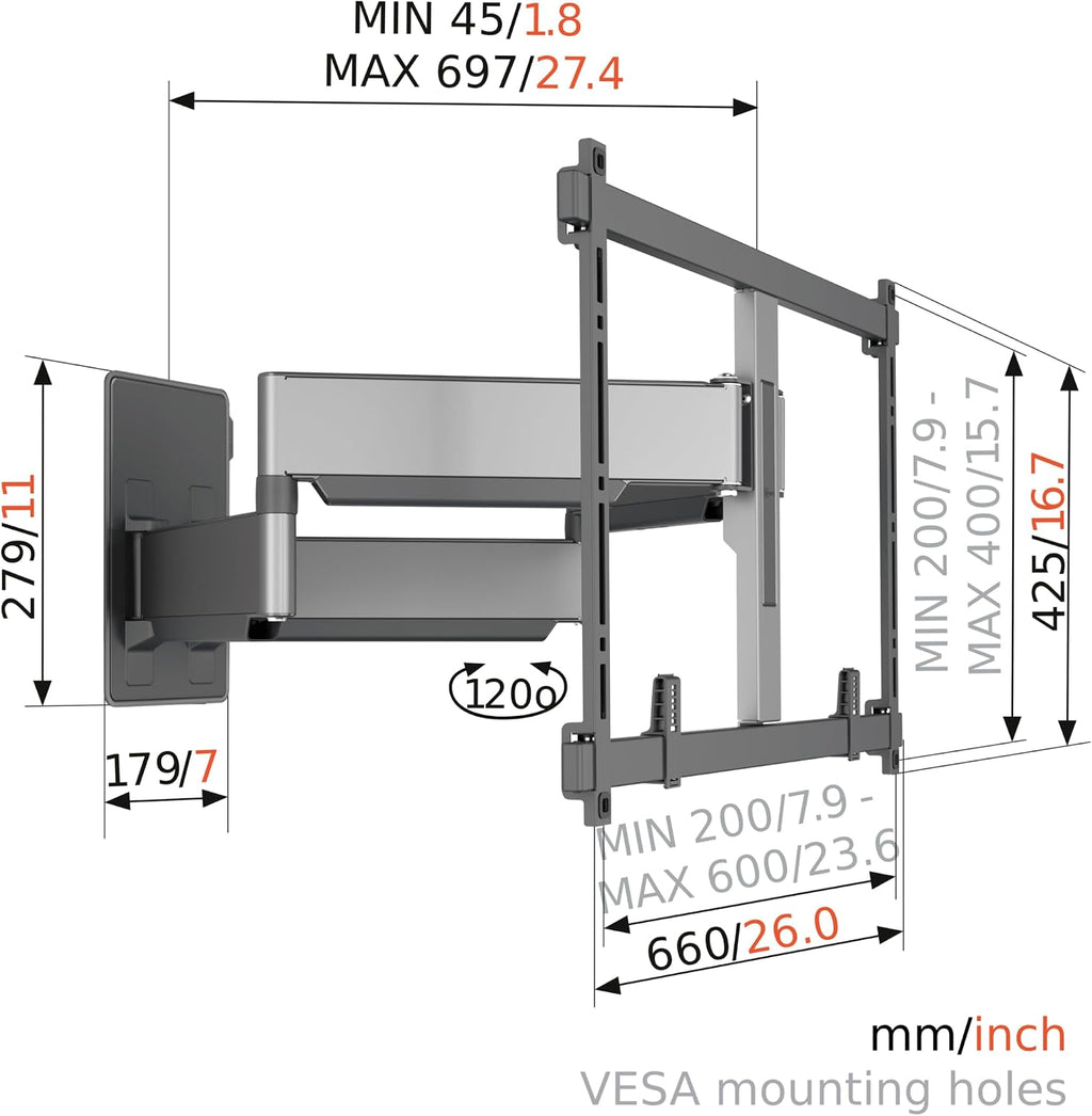 Vogel's TVM 5855 Full-Motion Ultra Strong TV Wall Mount for Large and Heavy TVs up to 100 inches and 165 lbs, Swivels up to 120°, Max. VESA 600x400, Universally Compatible