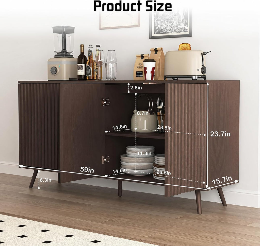59" Buffet Cabinet with Storage, Modern Kitchen Buffet Sideboard with 4 Doors, Wood Coffee Bar with Adjustable Shelves, Kitchen Storage Cabinet with Adjustable Legs for Living Room (Walnut)