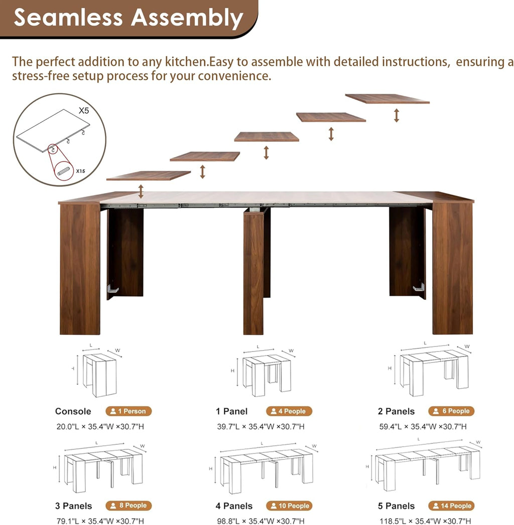 20"-118" Extendable Dining Table for 2-12 People, Modern Modular Extension Table, Space-Saving Extra Long Folding Dining Table, Multifunctional Conference Meeting Table, Walnut