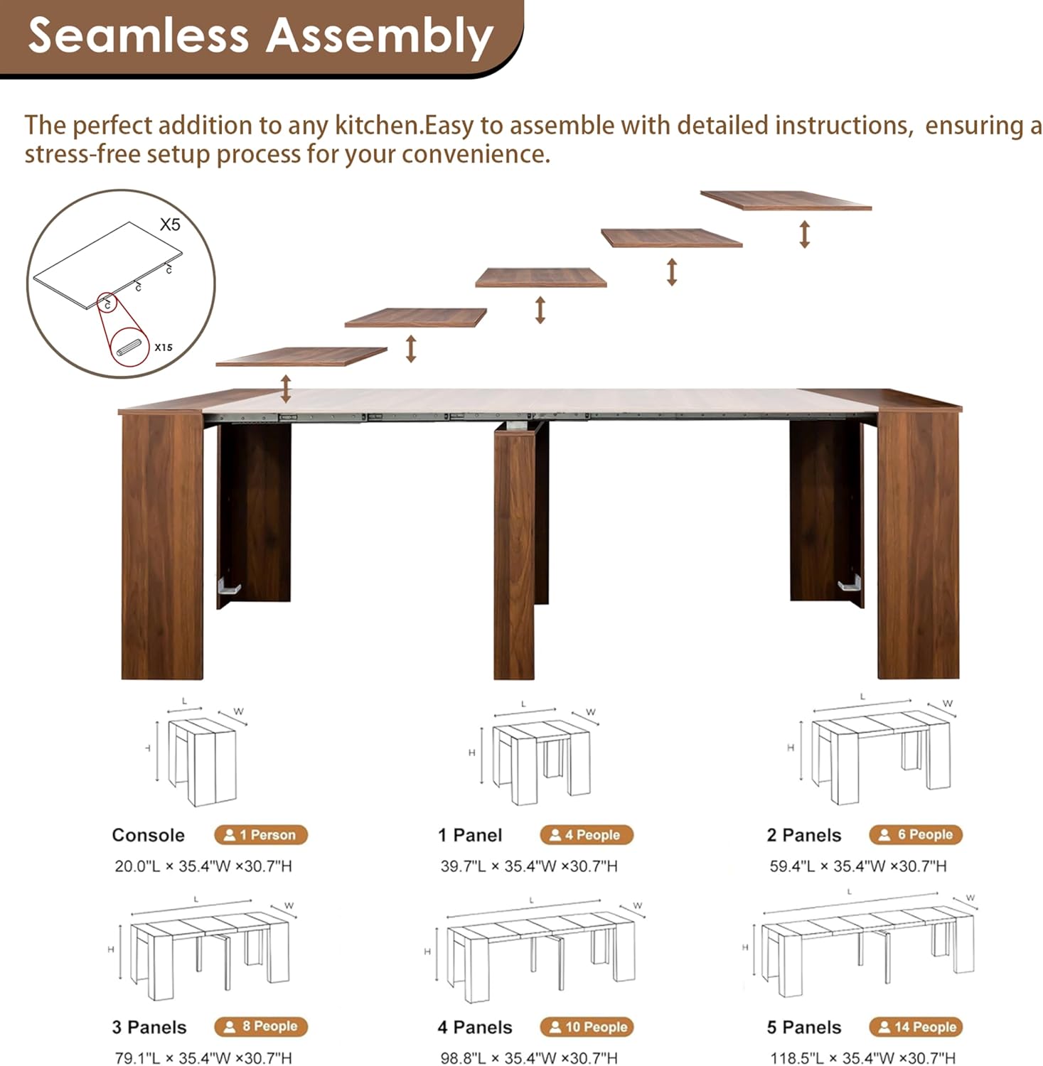 20"-118" Extendable Dining Table for 2-12 People, Modern Modular Extension Table, Space-Saving Extra Long Folding Dining Table, Multifunctional Conference Meeting Table, Walnut