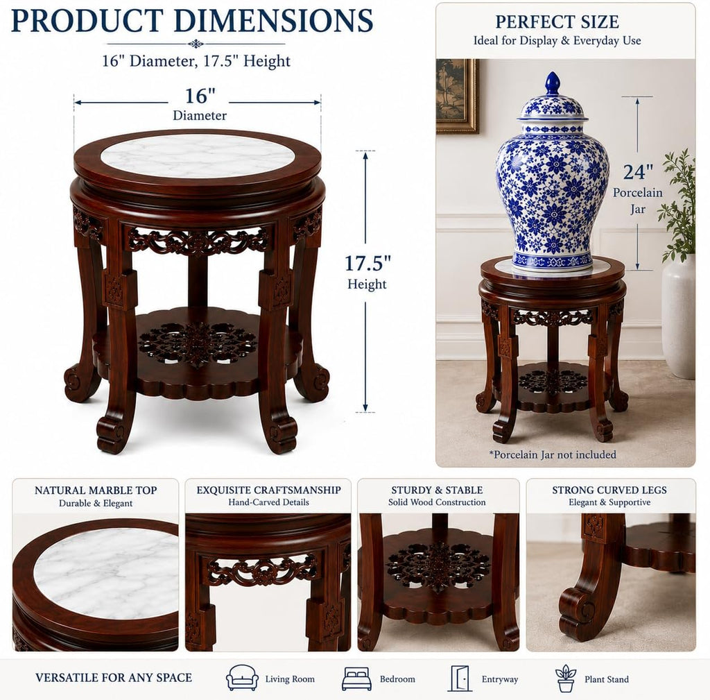 16" Marble Top Accent Side Table, Chinese Wooden Plant Stand, Oriental Display Pedestal for Living Room & Chinoiserie Decor