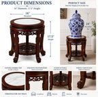 16" Marble Top Accent Side Table, Chinese Wooden Plant Stand, Oriental Display Pedestal for Living Room & Chinoiserie Decor